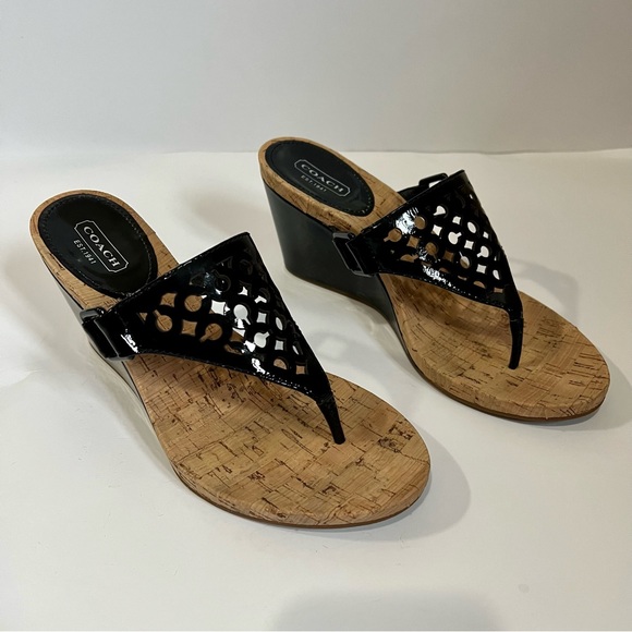 Coach Shoes - Women’s Coach Black Brookk OP Art patent leather wedge heels shoes. Size 8.